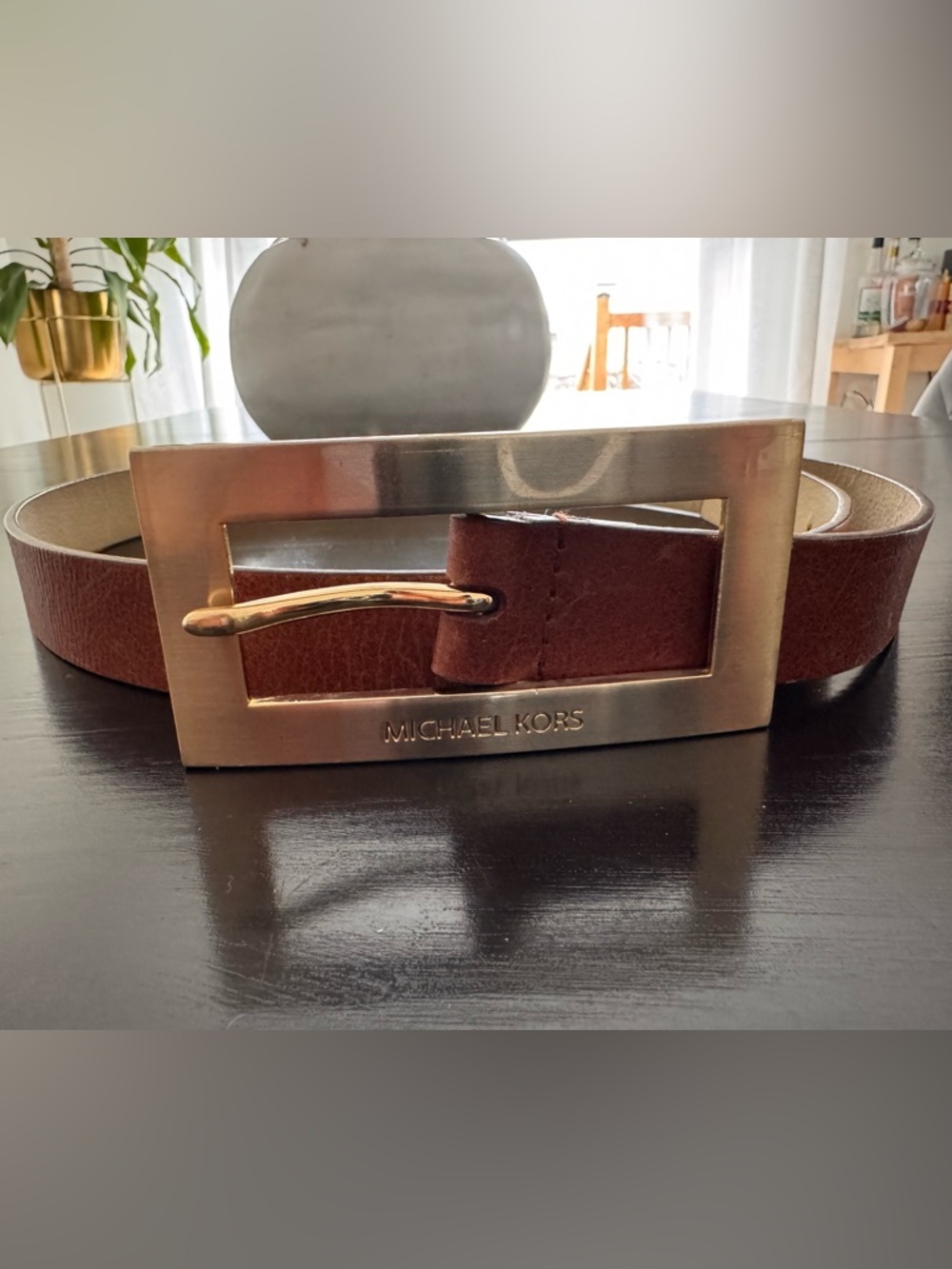Michael Kors Brown Leather Belt with Gold Rectangular Buckle